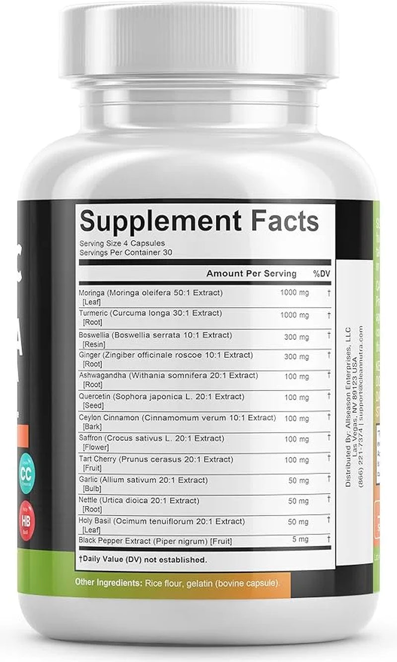 Turmeric Moringa Supplement | Ginger Boswellia Saffron - Supplement for Women and Men with Ceylon Cinnamon, Tart Cherry, Quercetin Garlic Nettle Holy Basil - 1Pack